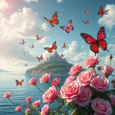 Primary subject: A bouquet of pink roses.

Setting/background: A beautiful island with a castle in the background.

Visual style: Digital art.

Colors and mood: The roses are pink, and the overall atmosphere is serene and romantic.